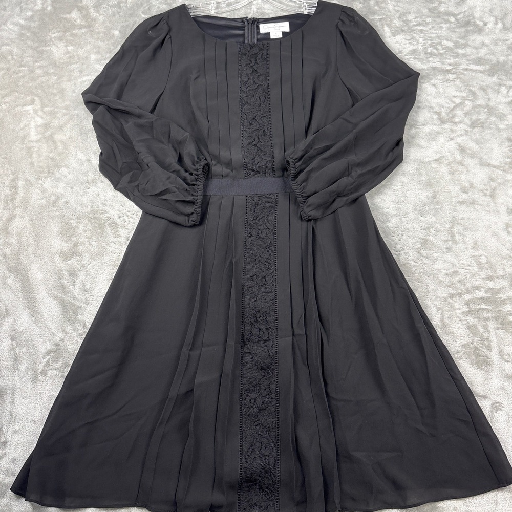Jessica Simpson Black Lace Pleated Long Sleeve Fit & Flare Dress Size 6 JS6M7320